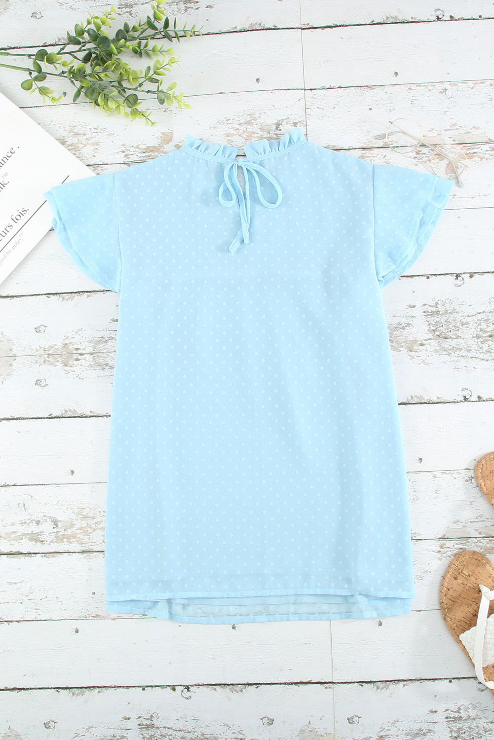 Blue Tiered Sleeve Frilled Neck Dotted Top