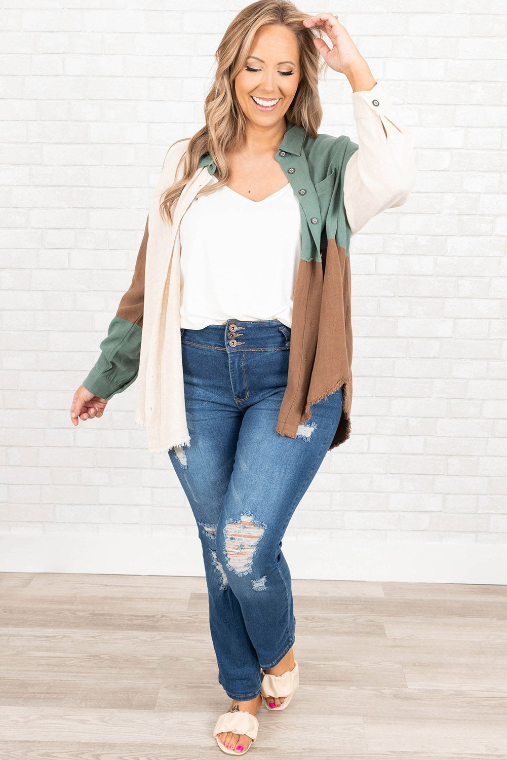 Colorblock Raw Edge Plus Size Shirt