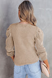 Cable Ribbed Knit Mix Pattern Puff Sleeve Sweater