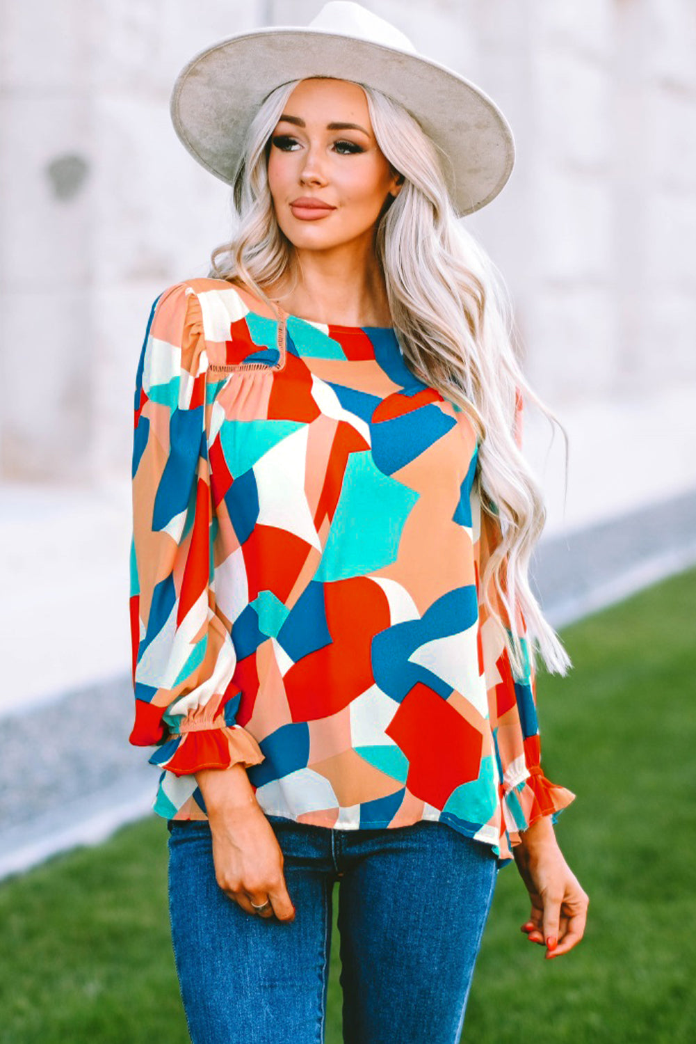 Abstract Pattern Crewneck Ruffled Puff Sleeve Blouse