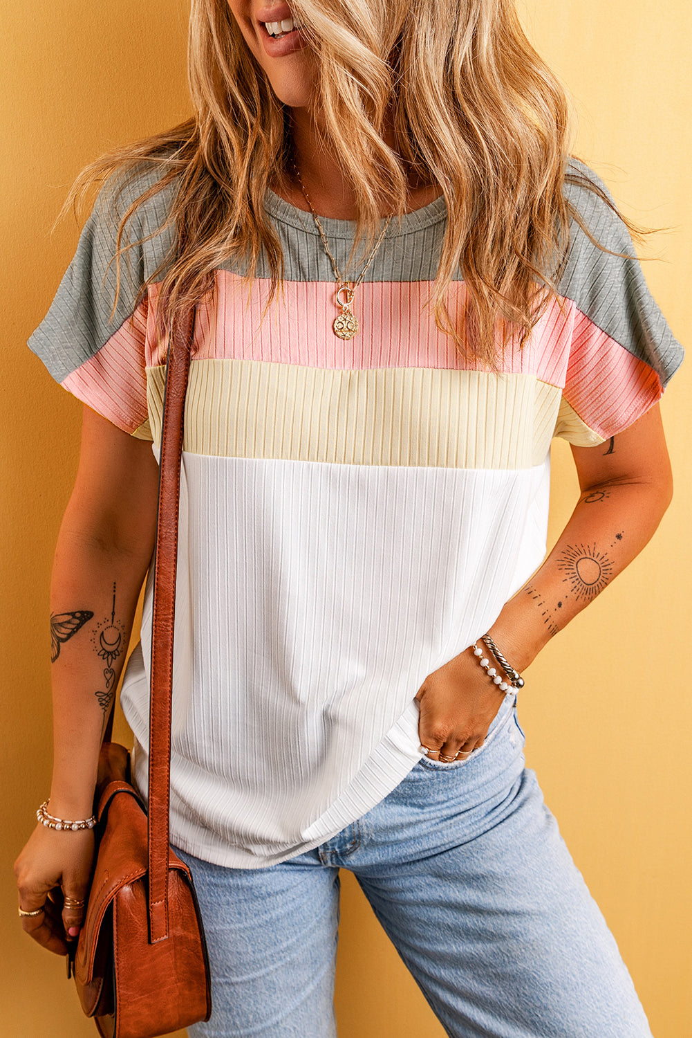 Gray Ribbed Color Block Patchwork T-shirt