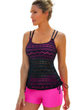 Color Block Lace Drawstring Tie Tankini Set