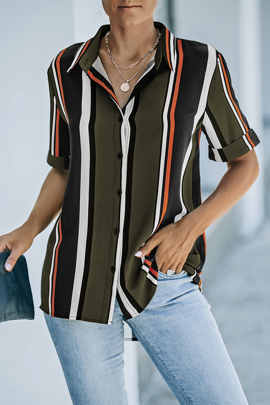 Brown Striped Short Sleeve Button Shirt