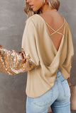 Sequin Patchwork Sleeve Open Back Waffle Knit Top