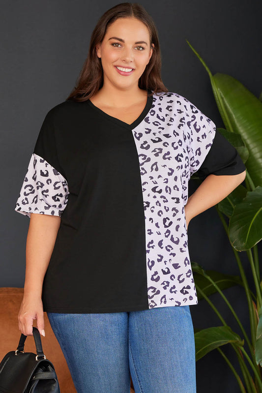 Plus Size Leopard Patchwork Short Sleeve Top