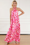 Pink Abstract Swirl Print Halter Maxi Dress