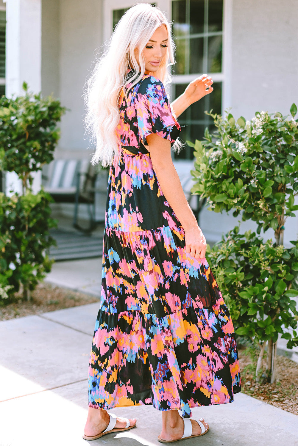 Abstract Floral Pattern Flutter Sleeve Tiered Maxi Dress