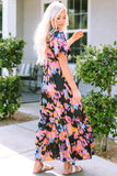 Abstract Floral Pattern Flutter Sleeve Tiered Maxi Dress