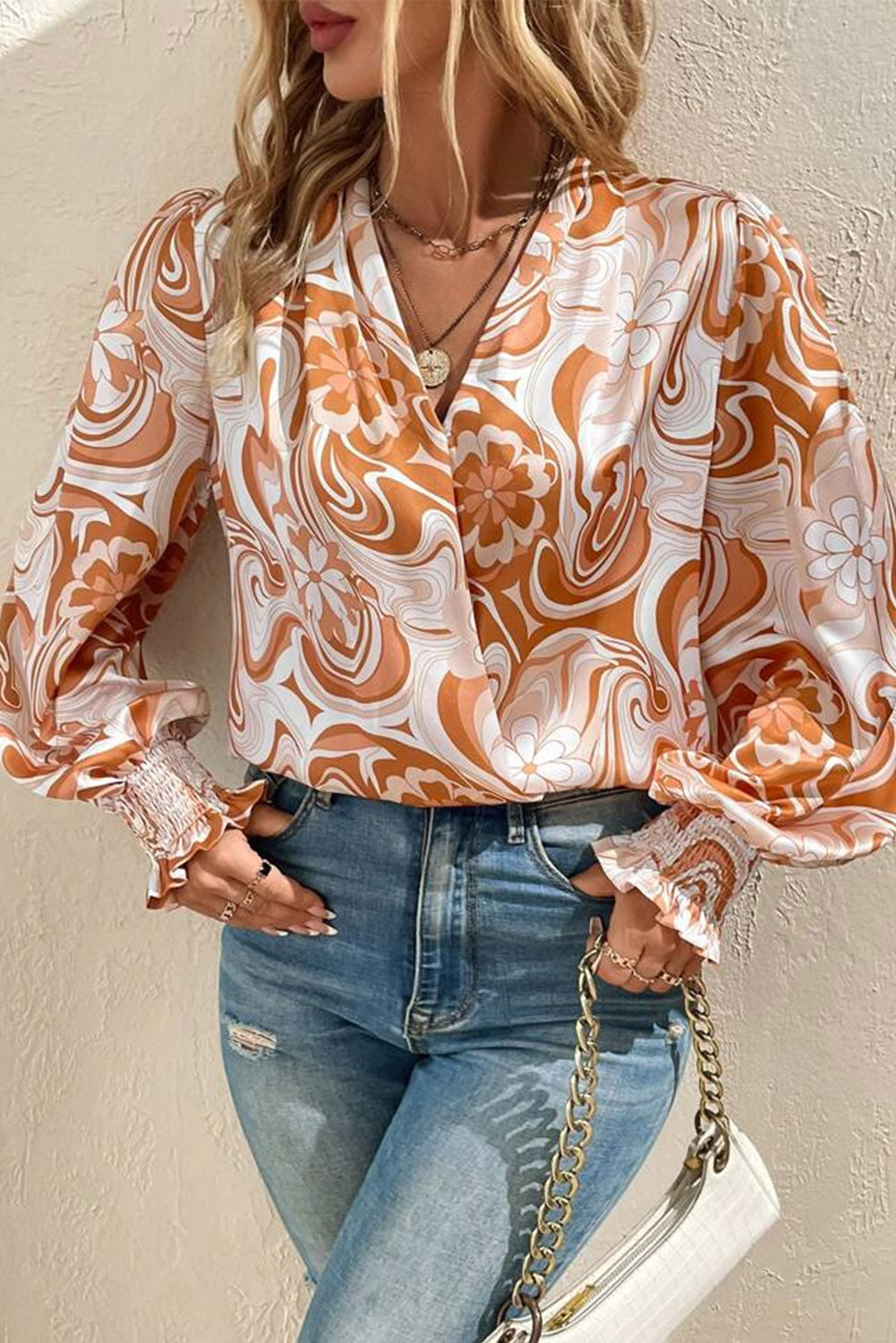 Floral Swirl Printed Bishop Sleeve Surplice Blouse