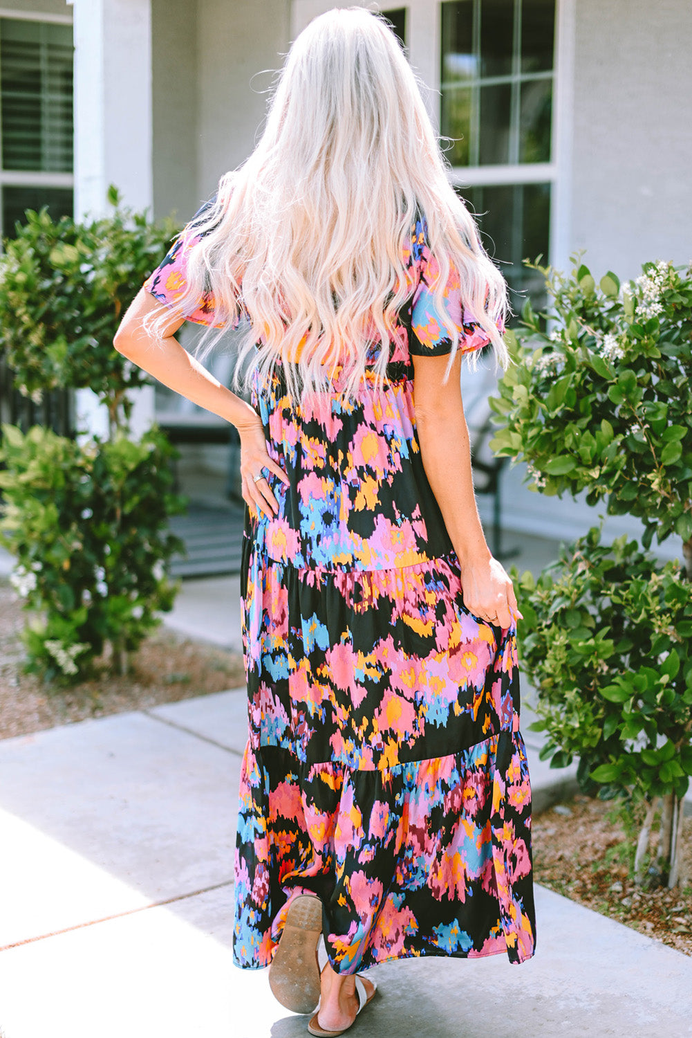 Abstract Floral Pattern Flutter Sleeve Tiered Maxi Dress