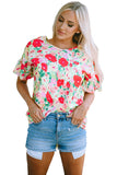 Floral Print Ruffled Short Sleeve V Neck Blouse