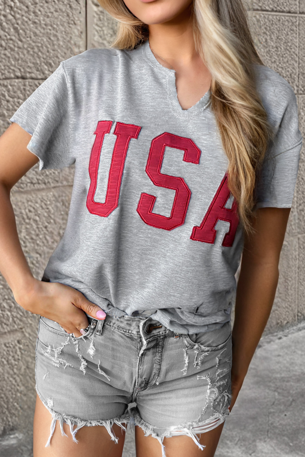 Light Grey USA Lettering Patch Notched Neck Loose Tee