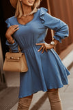 V Neck Puff Sleeves Crinkled Tunic Mini Dress