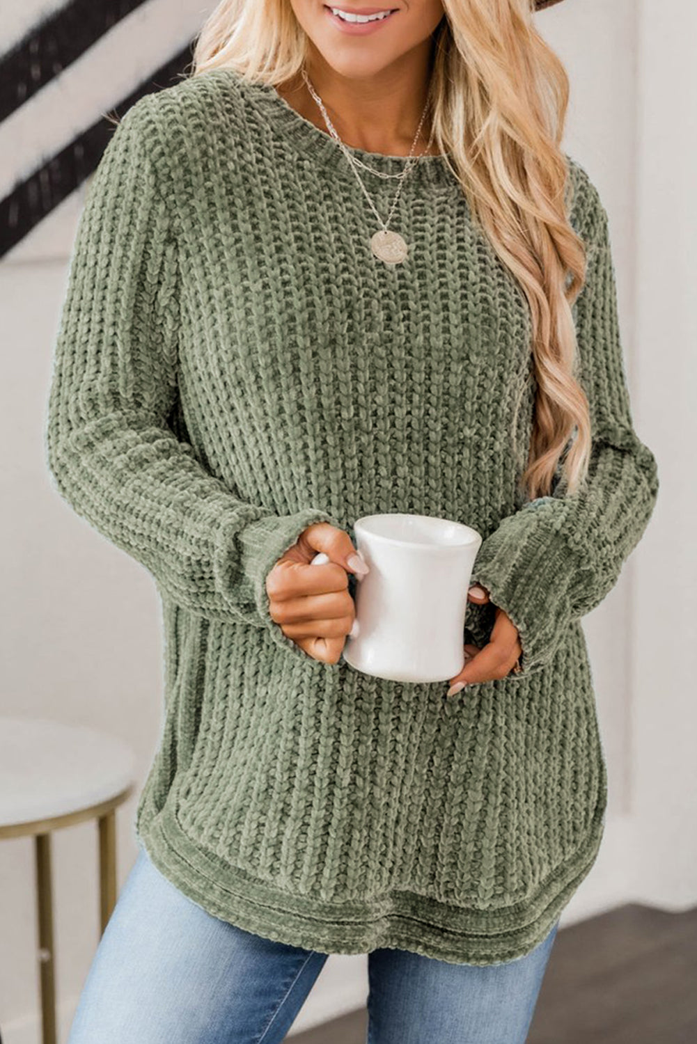 Long Sleeve Round Hem Cable Knit Sweater