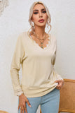 Ribbed Texture Lace Trim V Neck Long Sleeve Top