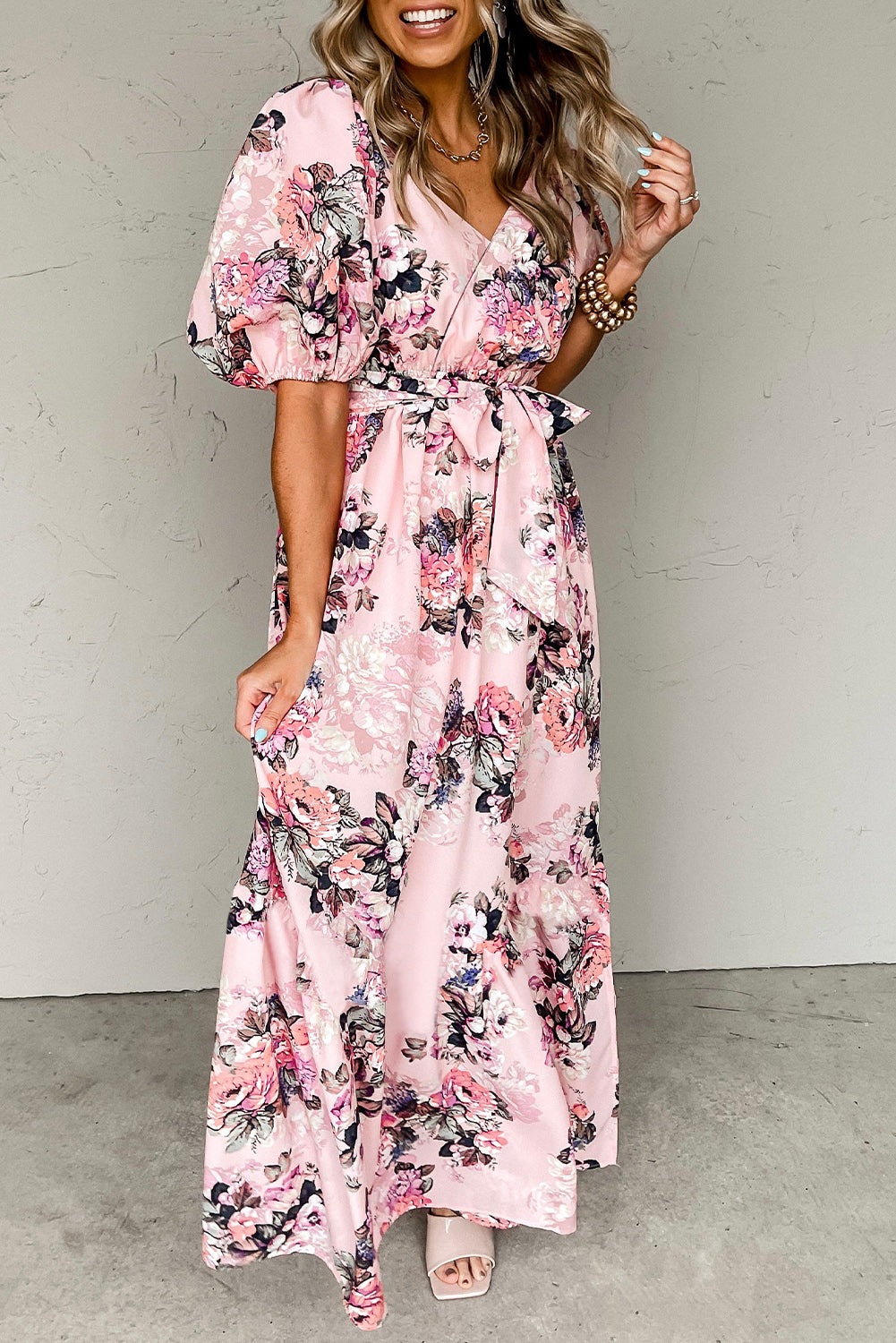 Floral Puff Sleeve High Waist Maxi Dress