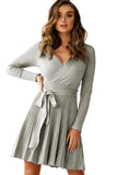 Belted V Neck Ribbed Pleated Sweater Dress