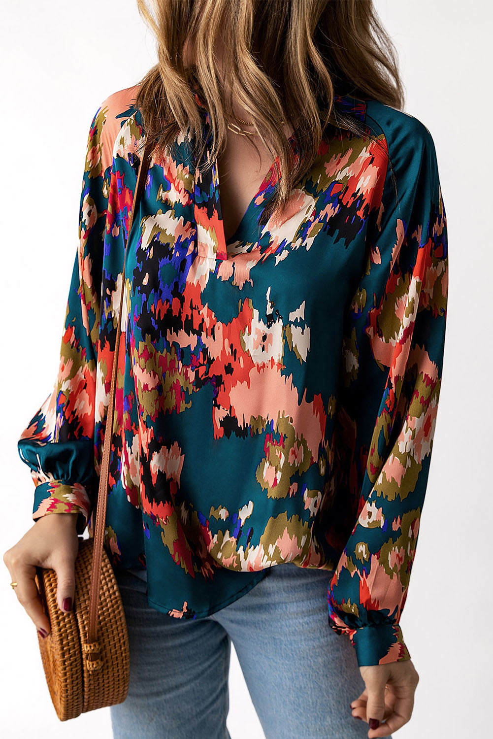 Green Graffiti Printed V Neck Puff Sleeve Blouse