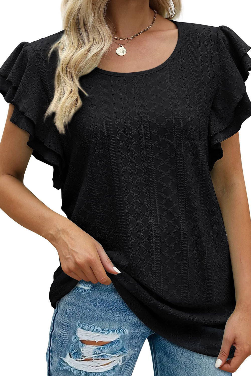 Blouse noire à manches courtes et volants texturés en losange