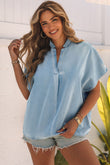 Split V-Neck Balloon Sleeve Ruched Denim Top