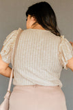 Beige Ruffled Rib Knitted Short Sleeve T Shirt