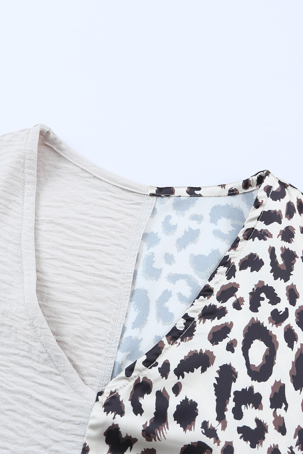 Leopard Color Block Roll Tab Sleeve V Neck Top