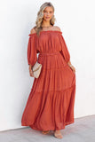 Off Shoulder Balloon Sleeve Cutout Ruffled Maxi Dress