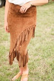 Fringe Asymmetric Wrap Suede Midi Skirt