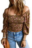 Floral Print Shirred 3/4 Sleeve Off Shoulder Blouse