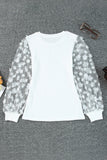 Floral Applique Mesh Sleeves Textured Knit Blouse