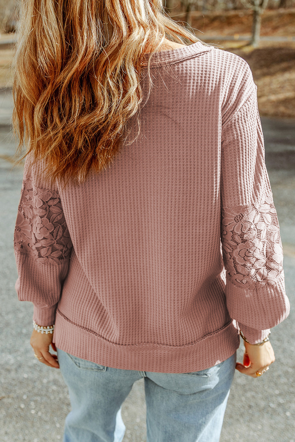 Apricot Lace Waffle Patchwork Strappy V Neck Long Sleeve Top