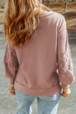 Apricot Lace Waffle Patchwork Strappy V Neck Long Sleeve Top