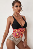 Leopard Floral Criss Cross Deep V Neck One-piece Swimwear