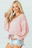 Loose Pointelle Knit Ribbed V Neck Sweater