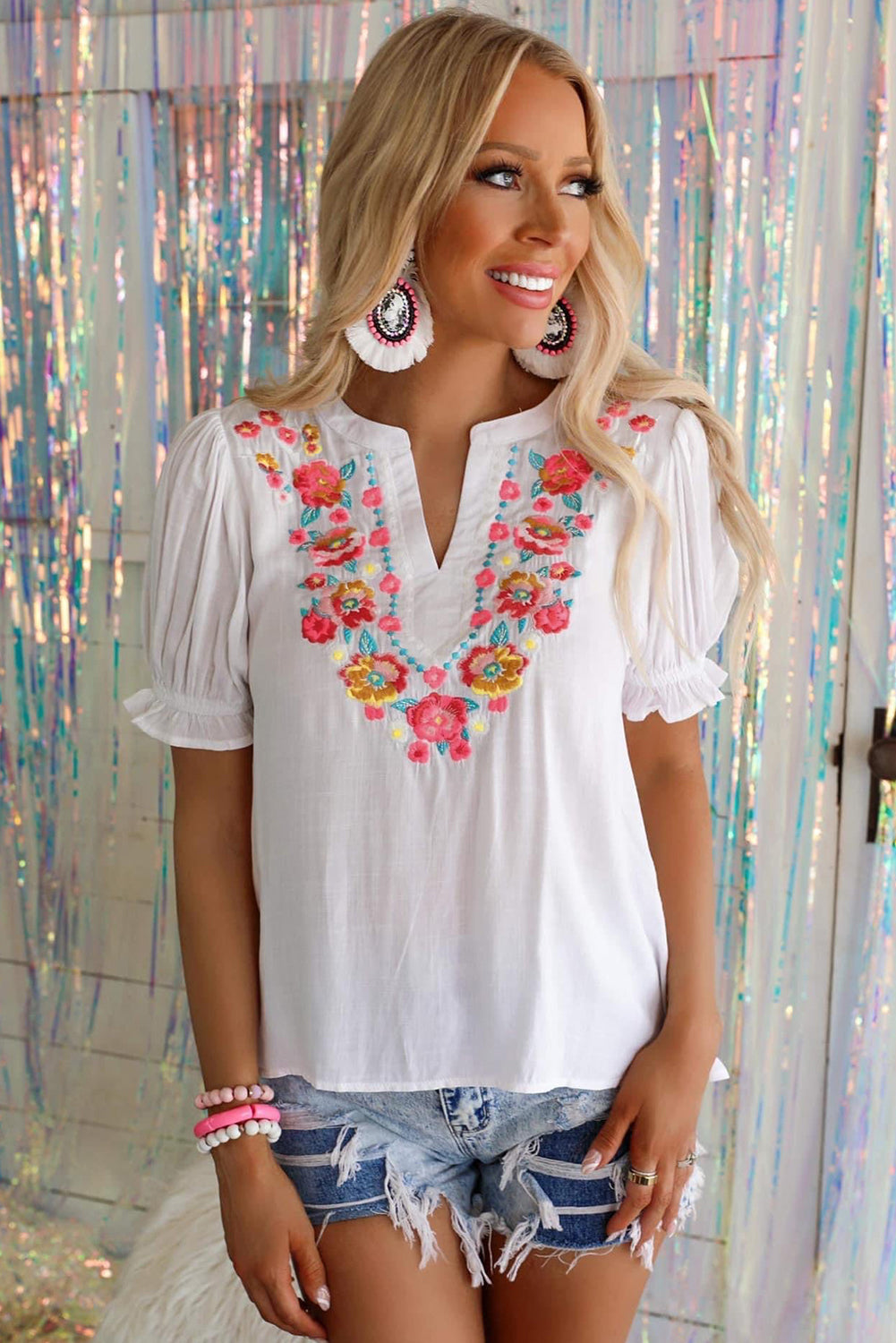 Floral Embroidered Ruffled Puff Sleeve Blouse