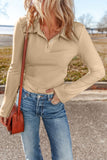 Beige Ribbed Buttoned Collar Long Sleeve Slim Fit Top