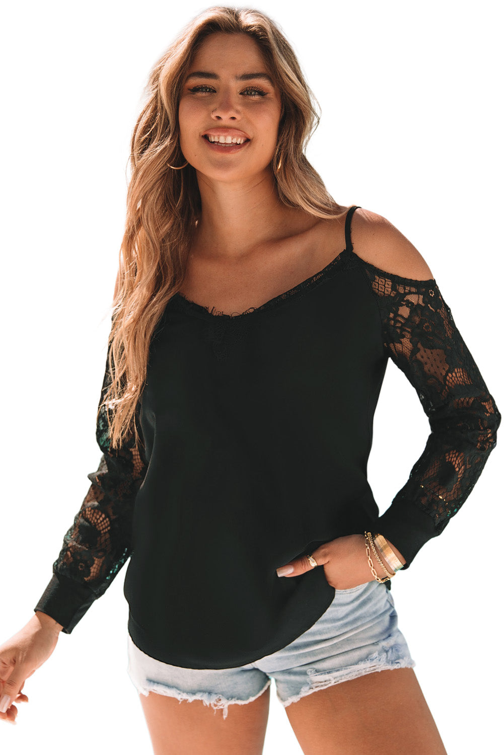 Lace Splicing Cold Shoulder Blouse