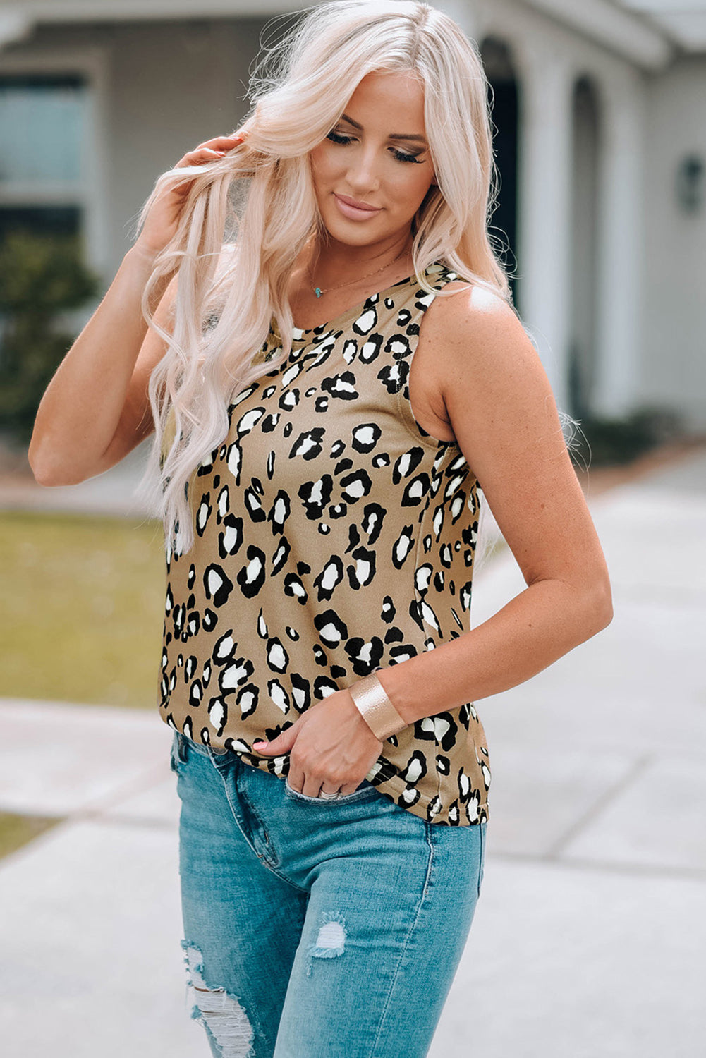 Leopard Print Crew Neck Tank Top