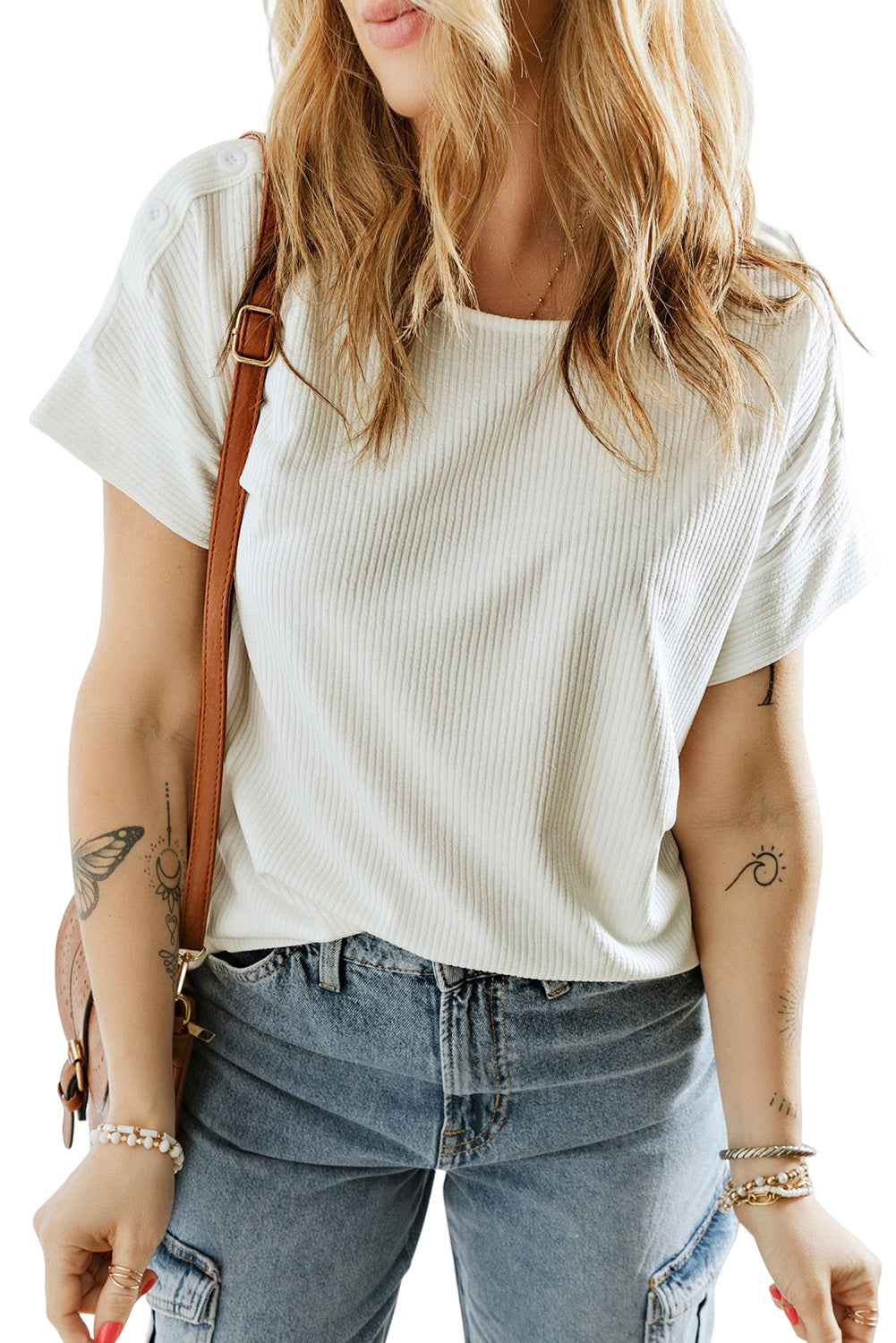 Ribbed Texture Buttoned Shoulder Top