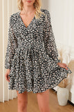 Sky Blue V Neck Baggy Sleeve Waist Tie Double Layer Ruffle Hem Dotted Print Short Dress