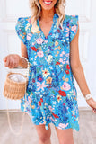 Sky Blue Floral Flutter Sleeve V Neck Ruffled Dress