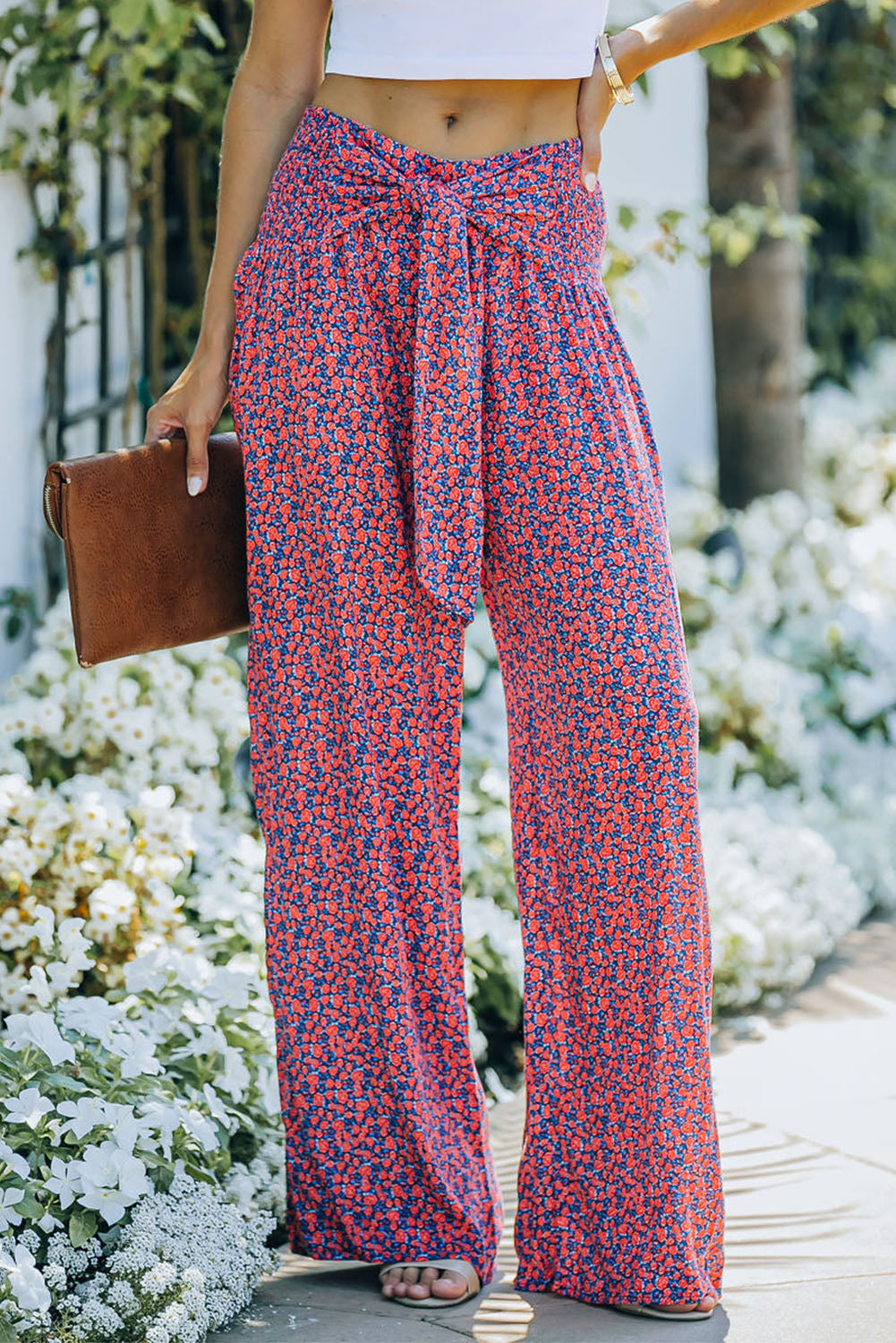 Ditsy Floral Print Tie Front Wide Leg Pants