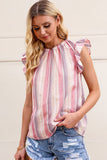 Striped Print Crew Neck Ruffle Blouse