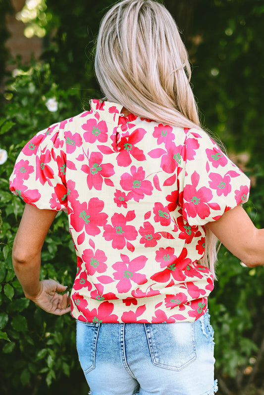 Beige Floral Puff Sleeve Frilled Neckline Blouse