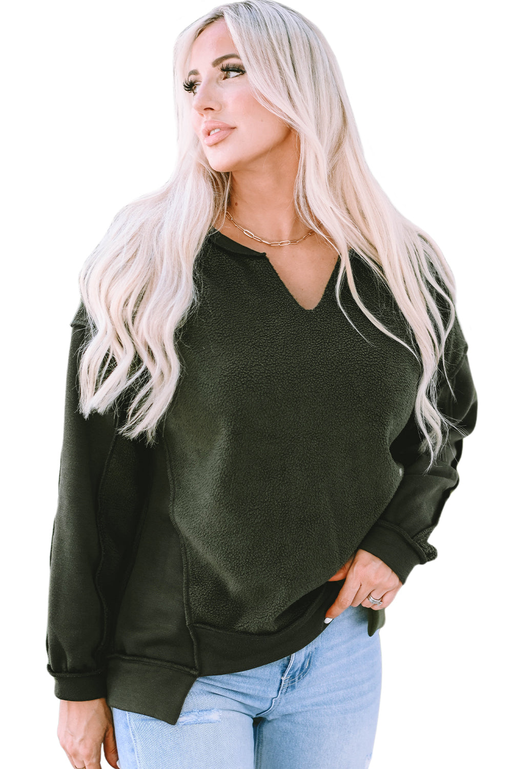 Expose Seam Detail Split Neck Long Sleeve Top