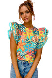 Multicolor Vibrant Floral Print Trimmed Ruffle Sleeve Blouse