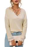 Ribbed Texture Lace Trim V Neck Long Sleeve Top