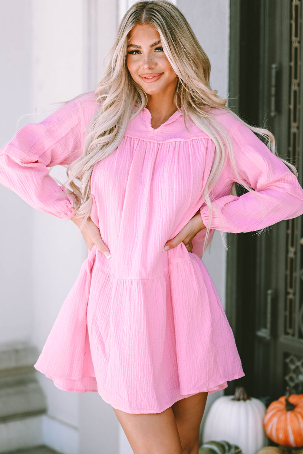 Turn-down Neck Textured Bubble Sleeve Dress