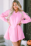 Turn-down Neck Textured Bubble Sleeve Dress