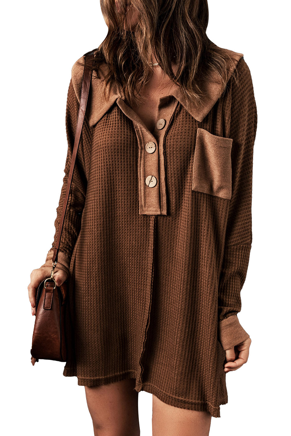 Brown Waffle Knit Buttoned Long Sleeve Top